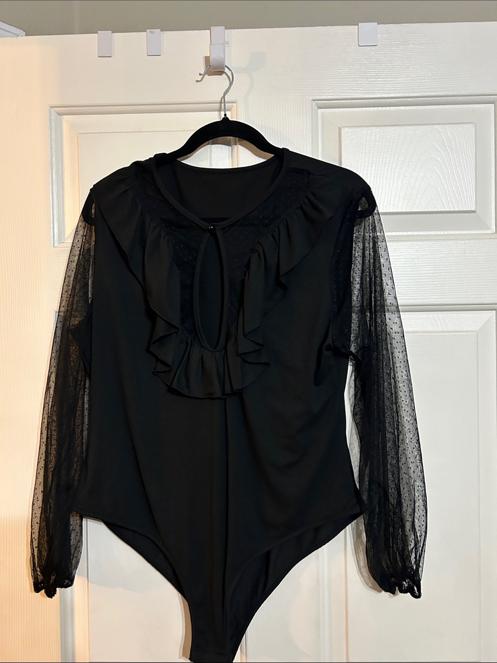 Black Ruffle Mesh Sleeve Women's Bodysuit